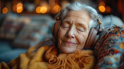 Obraz premium older woman with headphones on head listening music relaxing at home