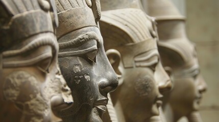 Close-up of Ancient Egyptian Statues with Intricate Headwear