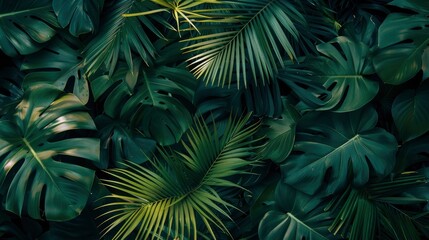 Fototapeta premium closeup nature view of green leaf and palms background. Flat lay, dark nature concept, tropical leaf, ai