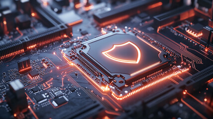 Obraz premium A close-up of a microprocessor with a shield emblem illuminated by orange lights on a circuit board