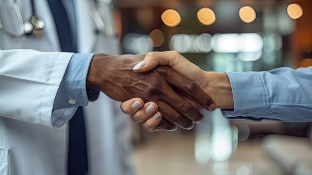 pharmaceutical sales representative presenting new medication to doctor in medical building shaking hands