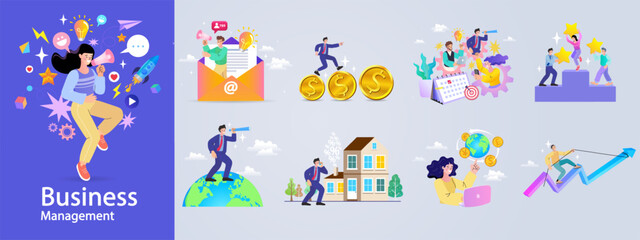 Financing business activities. Set of people in various activities of online business, startup, management, project development, communication, social media, data analysis. Business concept