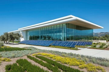 Obraz premium Modern Glass Building with Solar Panels and Landscape Design