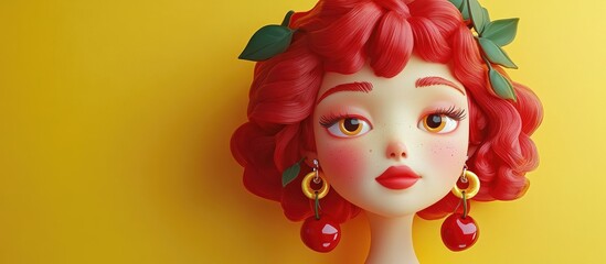 Naklejka premium 3D Cartoon Cherry Earrings Whimsical portrait of a beautiful red headed character with cherry accessories on a vibrant yellow backdrop