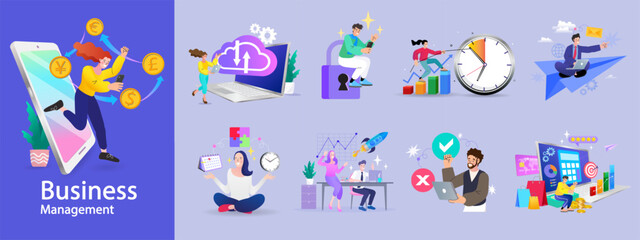 Obraz premium Financing business activities. Set of people in various activities of online business, startup, management, project development, communication, social media, data analysis. Business concept