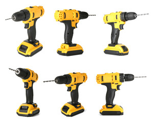 Cordless drill isolated on white, views from different sides