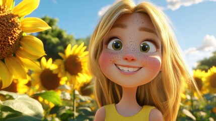 Fototapeta premium 3D cartoon close up of a youthful freckled blonde character smiling in a vibrant sunflower field