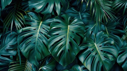 Fototapeta premium closeup nature view of green leaf and palms background. Flat lay, dark nature concept, tropical leaf, ai