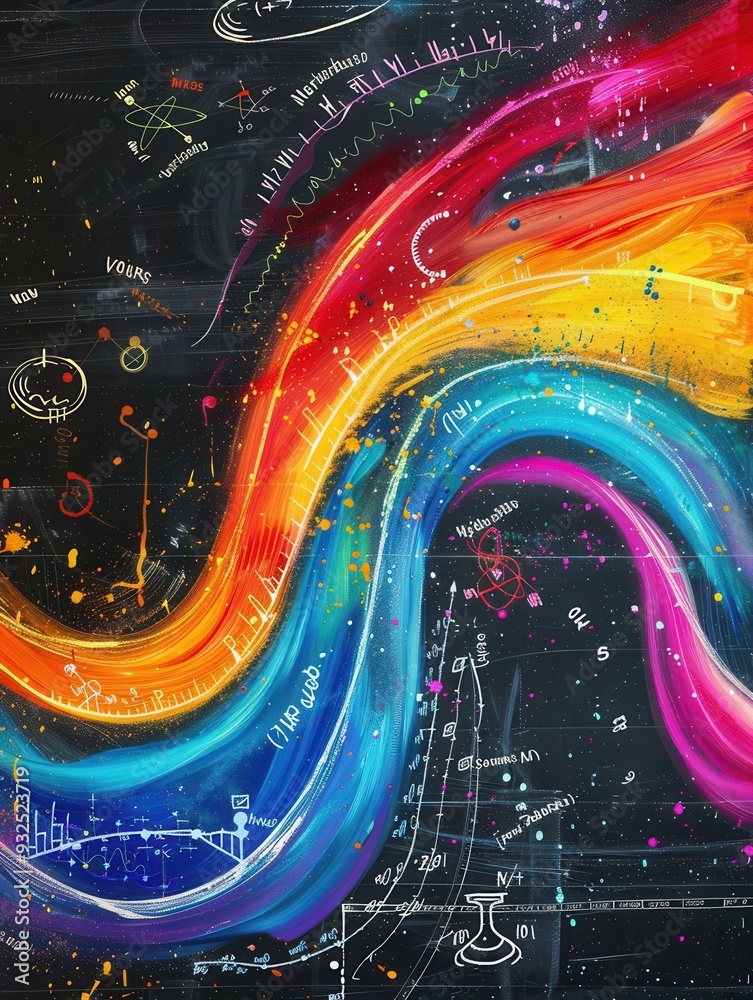 Leinwandbilder a vibrant chalkboard design showcases sweeping waves of colored chalk with integrated scientific for