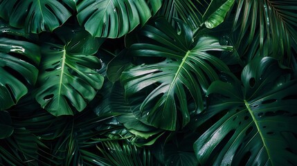 Fototapeta premium closeup nature view of green leaf and palms background. Flat lay, dark nature concept, tropical leaf, ai
