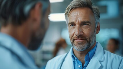 Fototapeta premium pharmaceutical sales representative talking with doctor in medical building ambitious male sales representative presenting new medication on tablet