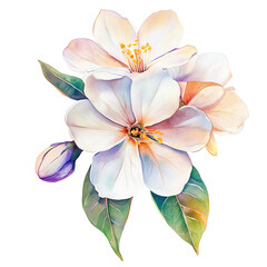 Fototapeta premium Beautiful watercolor illustration of white flowers with green leaves, perfect for spring and nature-themed designs.