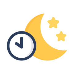 Night sleep icon. Moon with clock. Bedtime, nighttime, insomnia, dream concepts. Flat vector design isolated illustration.