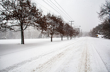 A snow-covered MacArthur Boulevard near Washington, DC, during the winter snowstorm of 2010.