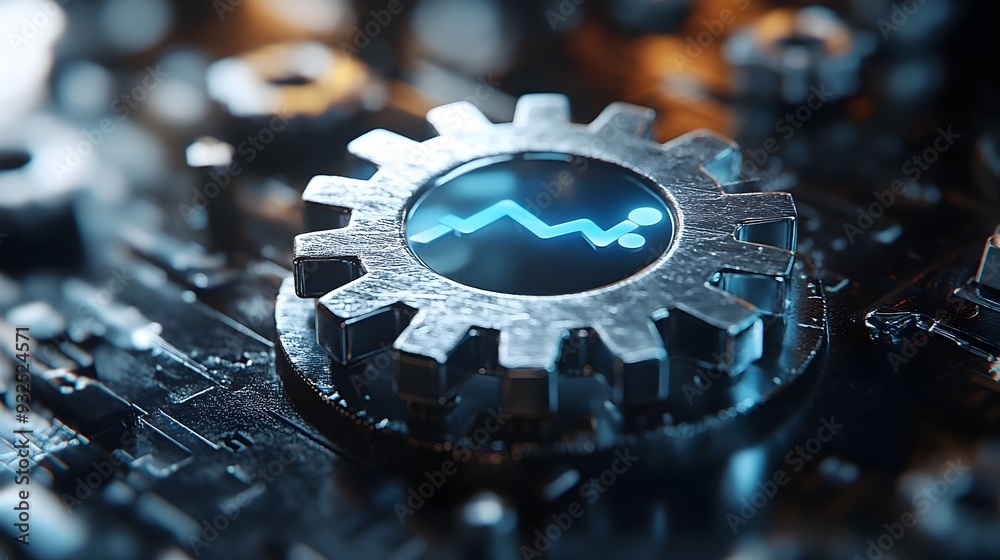Poster 3d rendered abstract search engine icon with floating gears and mechanics