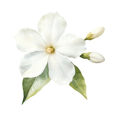 Obraz premium Delicate white flower illustration with blooming petals and green leaves, perfect for botanical art applications.