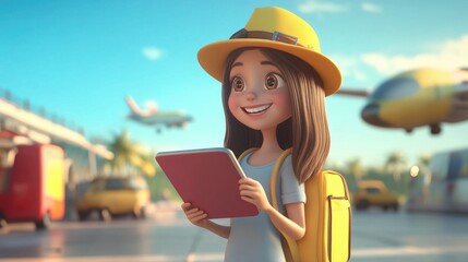 Fototapeta premium 3D Cartoon Girl Holding Tablet in Fun Travel Scene