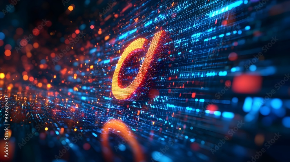 Poster 3d rendered search engine logo surrounded by swirling data streams symbolizing information flow