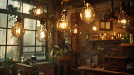 Obraz premium Vintage incandescent Edison light bulbs decorate the room.