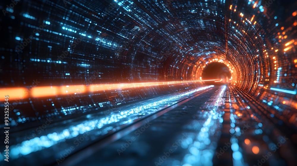 Poster 3d search bar zooming through tunnel of data symbolizing rapid search engine processing