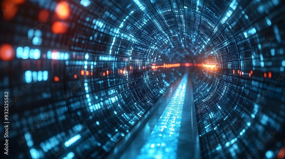 Poster a 3d search bar zooming through a tunnel of data symbolizing rapid search engine processing