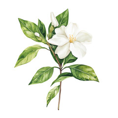 Fototapeta premium Realistic watercolor painting of a white flower with green leaves, isolated on a white background. Perfect for botanical-themed designs and projects.