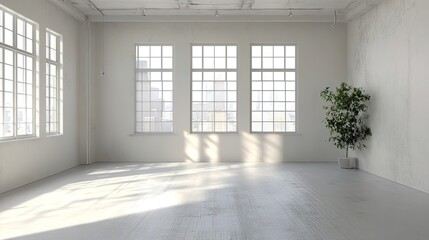 Obraz premium Empty Studio Room Featuring a Spacious and Minimalistic Interior. The Room is Unfurnished and Untouched, Providing a Blank Canvas for Various Creative or Professional Uses.