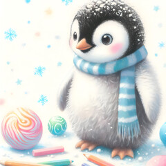 Fototapeta premium 흰 배경, 펭귄, 파스텔화 (White background, Penguin, pastel painting)
