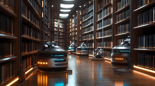 3D Rendered Digital Library with Search Engine Robots Organizing Floating Books Symbolizing Knowledge Access