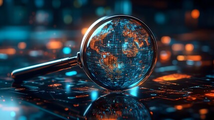 3D Magnifying Glass Zooming in on Holographic Globe Revealing Data Clusters Symbolizing Global Search Precision