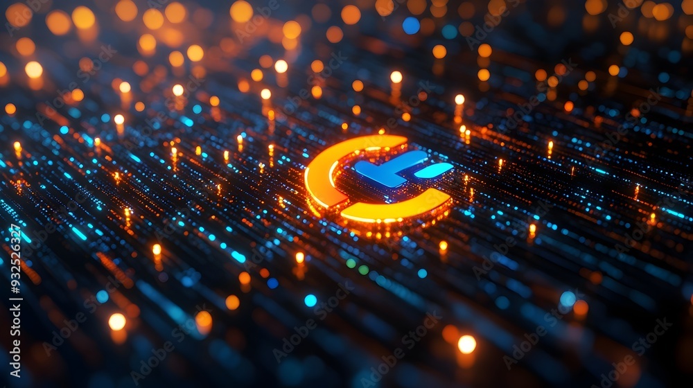 Poster 3d rendered search engine logo surrounded by floating data clusters symbolizing digital information 