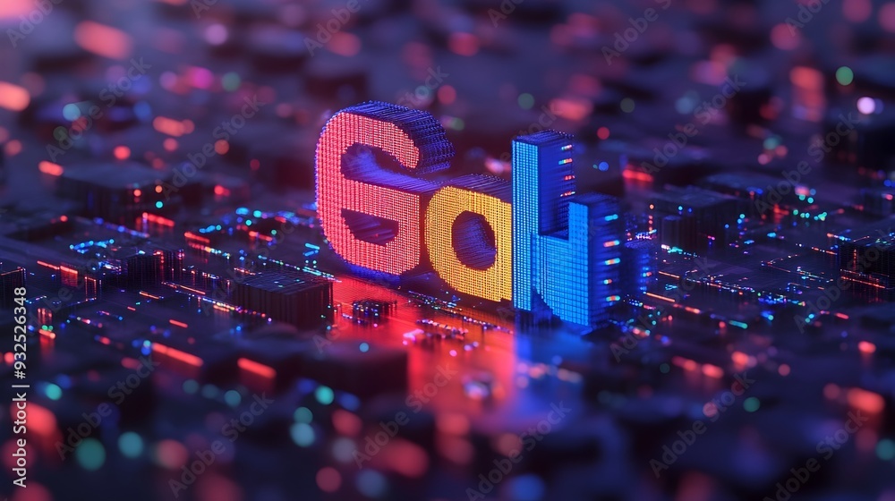 Poster 3d rendered search engine logo surrounded by floating data clusters symbolizing digital information 