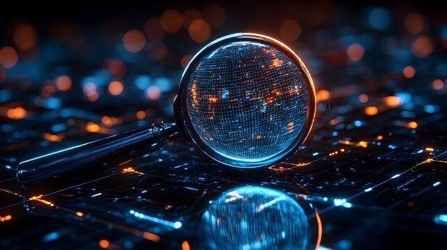 3D Magnifying Glass Revealing Hidden Digital Nodes in a Network Symbolizing Search Engine s Capability