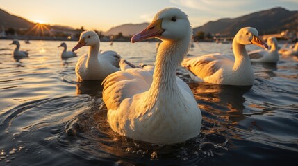 Obraz premium Geese flying over a beautiful sunset 