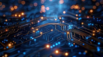 Design a banner with an abstract digital network circuit board, using blue and black tones with glowing lights and connected data dots to represent big data technology