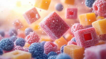 Vibrant Pastel Sugar Cubes in Mid-Air, Creating a Whimsical and Colorful Display of Confectionery Art