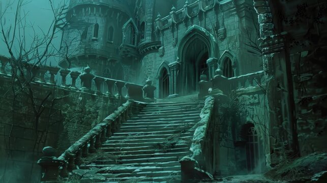 An eerie atmosphere envelops a long-forgotten castle, with crumbling stone steps leading into darkness and shadows lurking in the corners