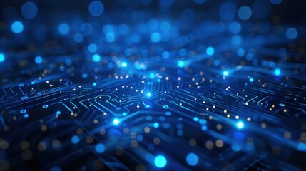 Fototapeta premium Create an abstract digital network circuit board background banner featuring glowing lights and connecting data dots in blue and black colors, emphasizing a big data technology concept