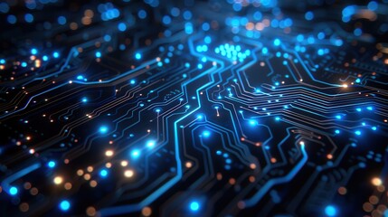 Create an abstract digital network circuit board background banner featuring glowing lights and connecting data dots in blue and black colors, emphasizing a big data technology concept