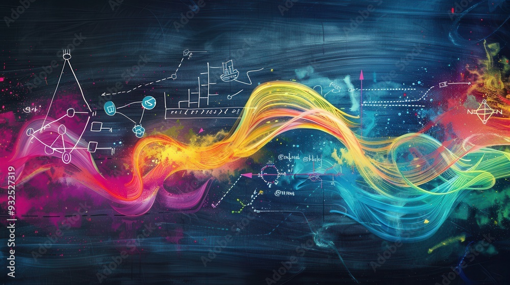 Fototapete sweeping colorful chalk strokes flow across a chalkboard, adorned with subtle scientific diagrams an