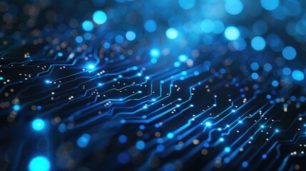 Generate an abstract banner with a digital network circuit board design, incorporating blue and black colors with glowing lights and connecting data dots for a big data technology theme