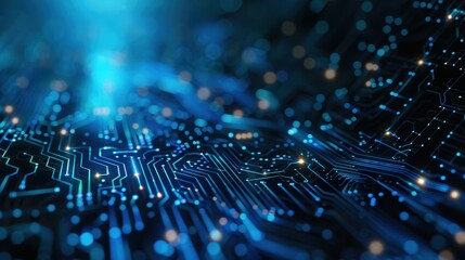 Generate an abstract banner with a digital network circuit board design, incorporating blue and black colors with glowing lights and connecting data dots for a big data technology theme