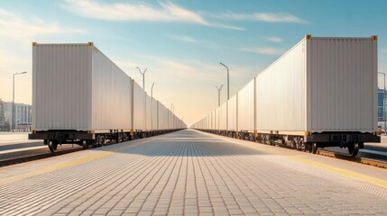 A serene view of cargo containers on railway tracks under a clear sky, symbolizing transport and logistics.