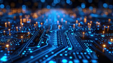 Obraz premium Produce an abstract digital network circuit board banner with blue glowing lights and data dots connected against a black background, symbolizing big data technology