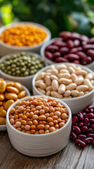 Fototapeta premium A variety of beans and other legumes are displayed in white bowls on a wooden table. The beans are of different colors and sizes, creating a visually appealing and diverse arrangement