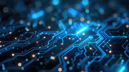 Craft an abstract banner with a digital network circuit board design, showcasing blue and black colors, glowing lights, and connecting data dots for big data technology