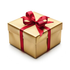 Obraz premium A gold gift box with a red ribbon tied around it isolated white background, cartoon 