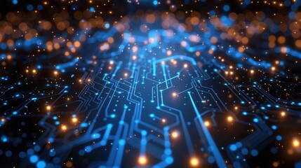 Produce a high-resolution digital network circuit board background with blue and black hues, glowing lights, and data dots connected to illustrate big data technology