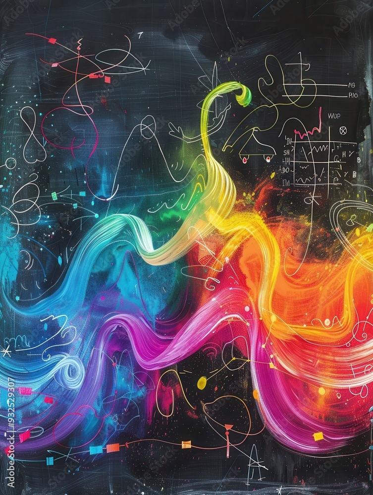 Fototapete Colorful waves of chalk swirl across a chalkboard, seamlessly blending with scientific formulas and diagrams to enhance learning in a dynamic classroom setting. Generative AI