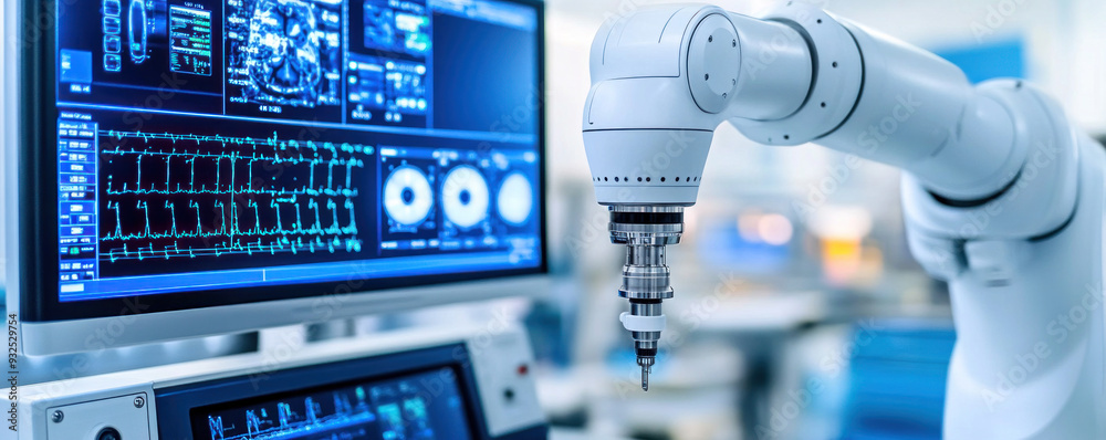 Poster a robot is in a lab with a computer monitor showing a lot of data. the robot is holding a drill and 